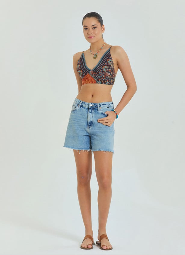 Lace Up Open Back Adjustable Brown Crop Blouse 4653